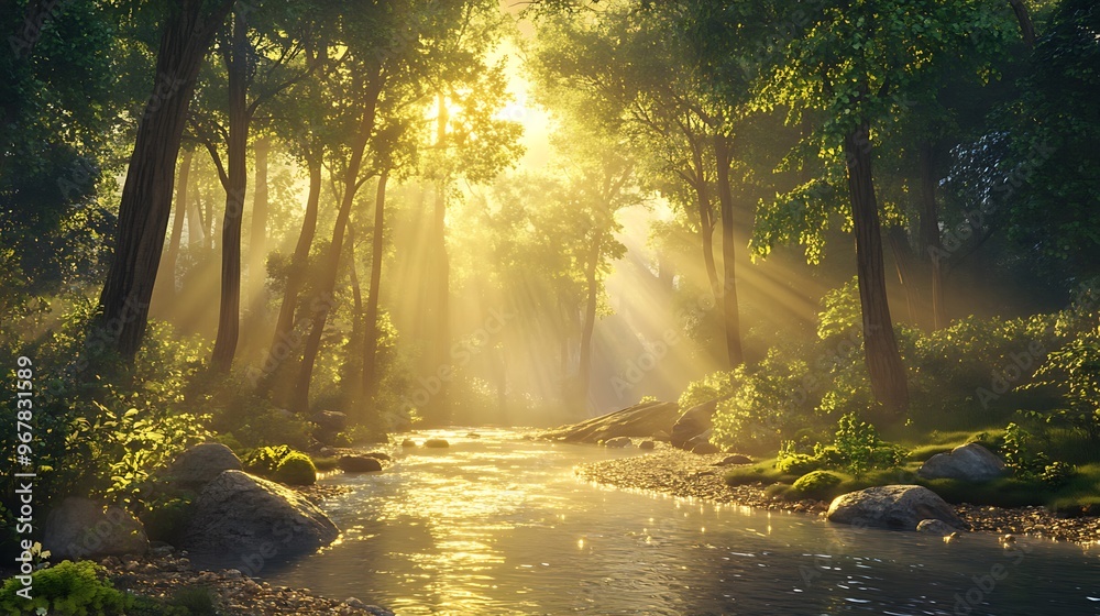 Obraz premium Sunbeams Illuminating a Tranquil Forest Stream