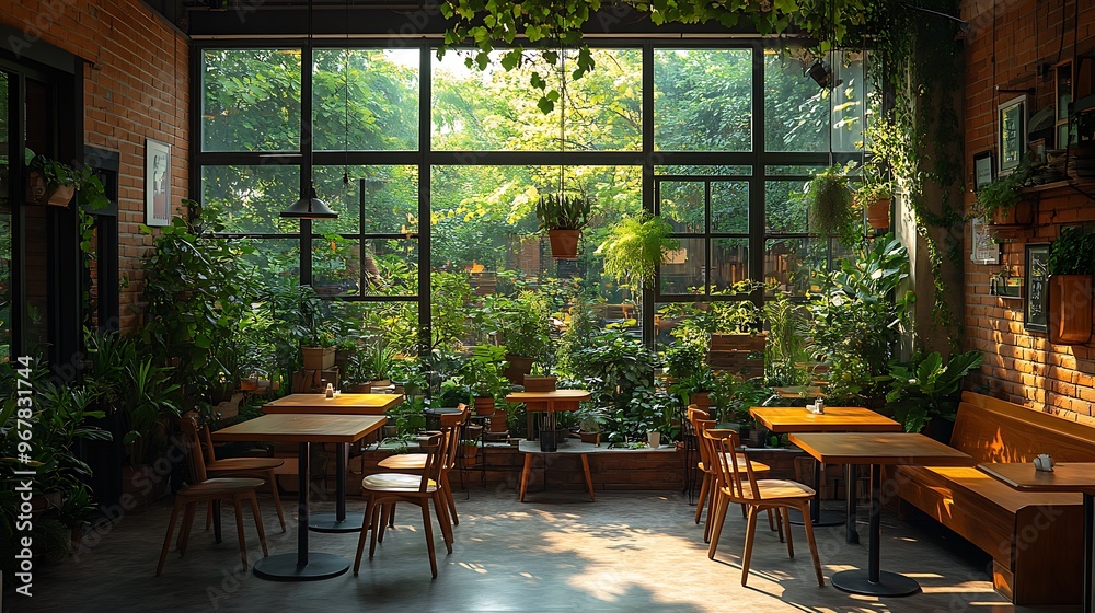 A serene indoor garden café with large windows letting in natural light, lush green plants decorating every corner, hanging vines overhead, soft sunlight highlighting the wooden tables, A serene indoor garden café with large windows letting in natural light, lush green plants decorating every corner, hanging vines overhead, soft sunlight highlighting the wooden tables,