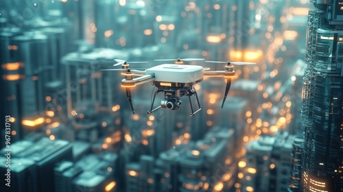 Drone Flying Over Futuristic City