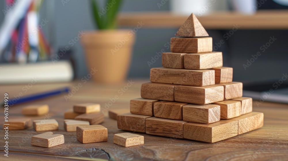 wooden pyramid built from stacking blocks, placed on a wooden table wooden pyramid built from stacking blocks, placed on a wooden table