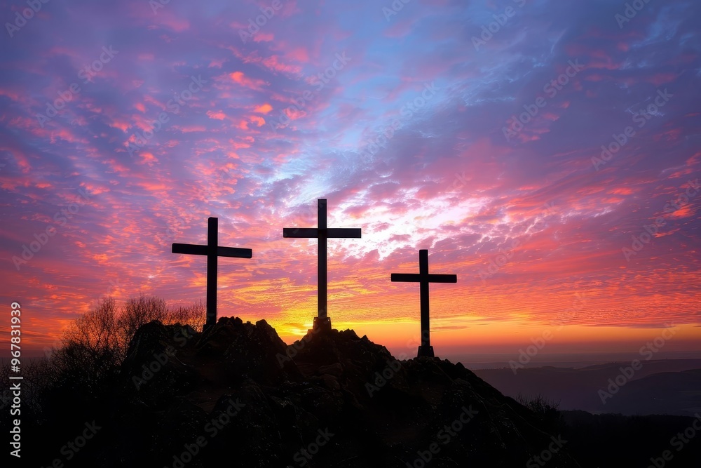 Three crosses atop a mountain at sunrise, silhouetted against a colorful sky, symbolizing sacrifice and redemption Three crosses atop a mountain at sunrise, silhouetted against a colorful sky, symbolizing sacrifice and redemption