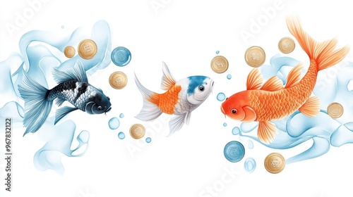 Elegant digital illustration of colorful goldfish swimming amidst bubbles and water splashes, perfect for aquatic themes. photo