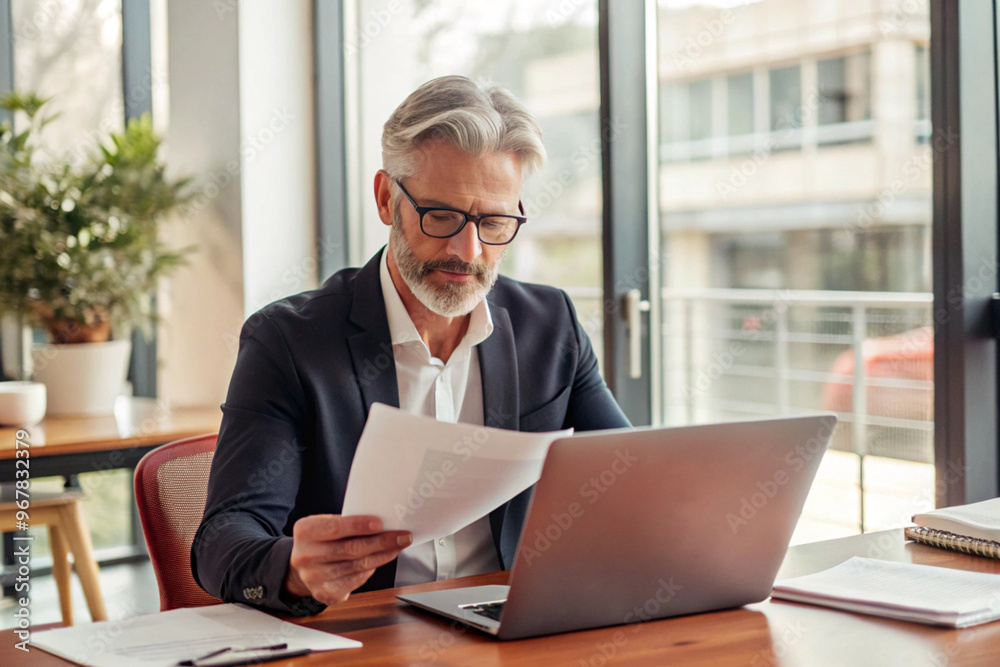 Professional Man Working on Laptop in a Modern Office, Holding Documents in a Productive Setting Professional Man Working on Laptop in a Modern Office, Holding Documents in a Productive Setting