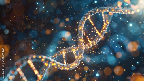 A digital rendering of a glowing DNA double helix against a vibrant abstract background. image emphasizes genetics and biotechnology, ideal for educational use.