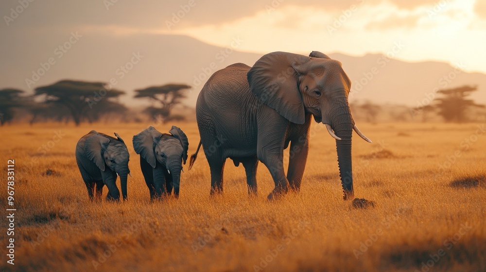 Fototapeta premium Elephant Family in African Savanna