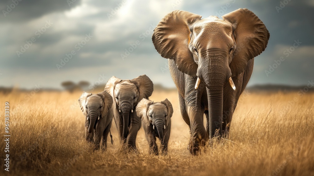 Fototapeta premium Elephant Family Walking Through Grassland