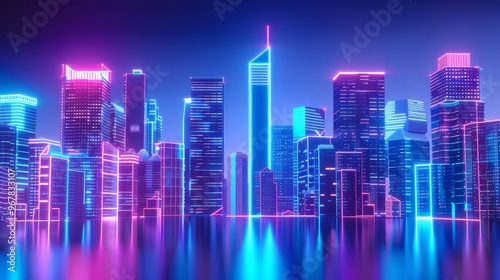 A vibrant, futuristic city skyline at night, glowing with neon lights in pink, blue, and purple. Sleek skyscrapers reflect on calm waters, creating an energetic urban atmosphere.