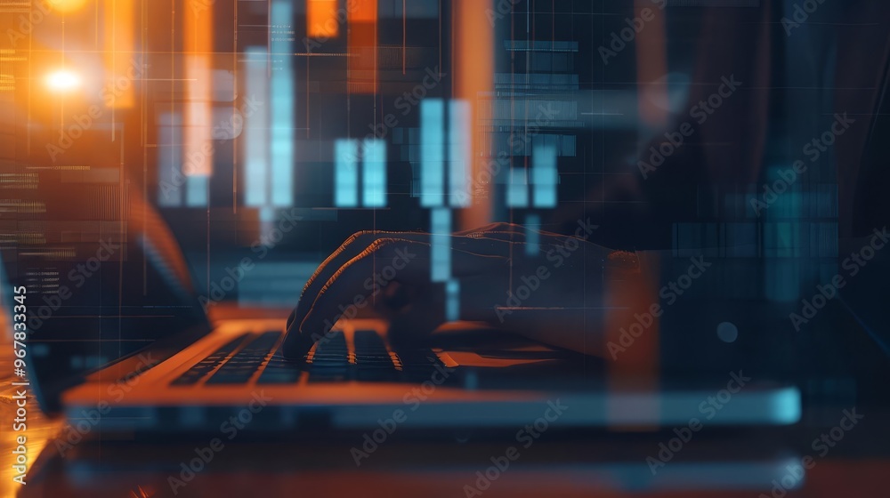 Fototapeta premium Close-up of hands typing on a laptop with stock market data overlayed.