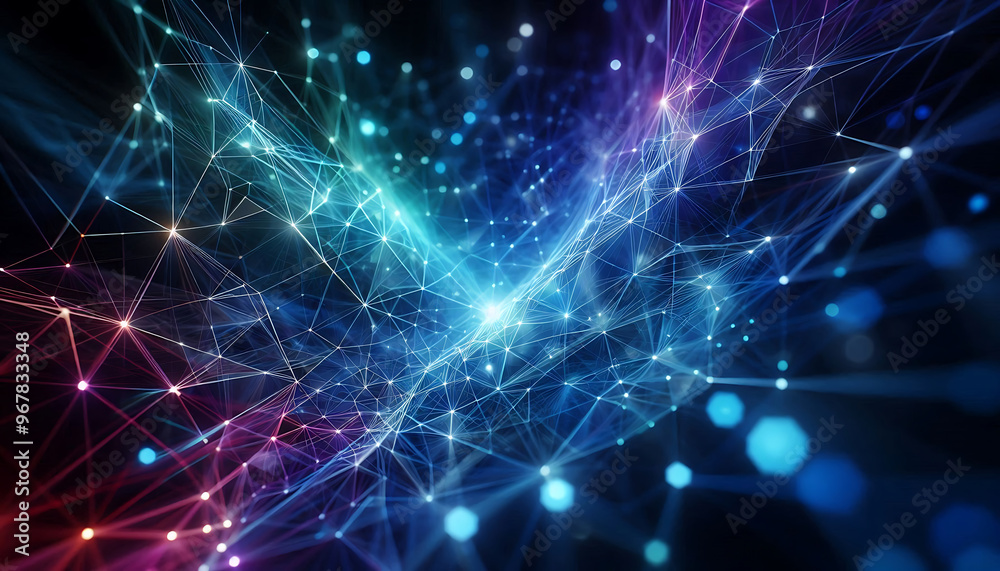 Abstract geometric design featuring a network of illuminated translucent lines forming interconnected shapes. The vibrant hues of blue purple and green create a dynamic glow against a dark background