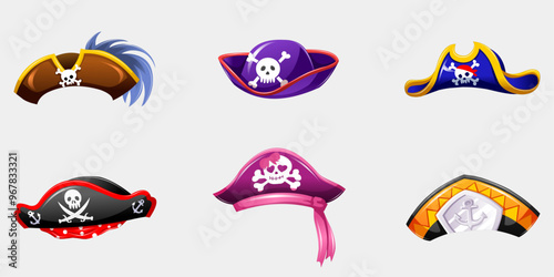 Pirates hats set. Sea piracy cap fashion, buccaneer headgear, headdress accessory vector illustration