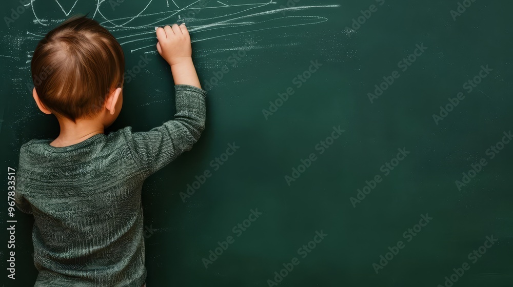 A child writing on a chalkboard with chalk, back view. A child writing on a chalkboard with chalk, back view.