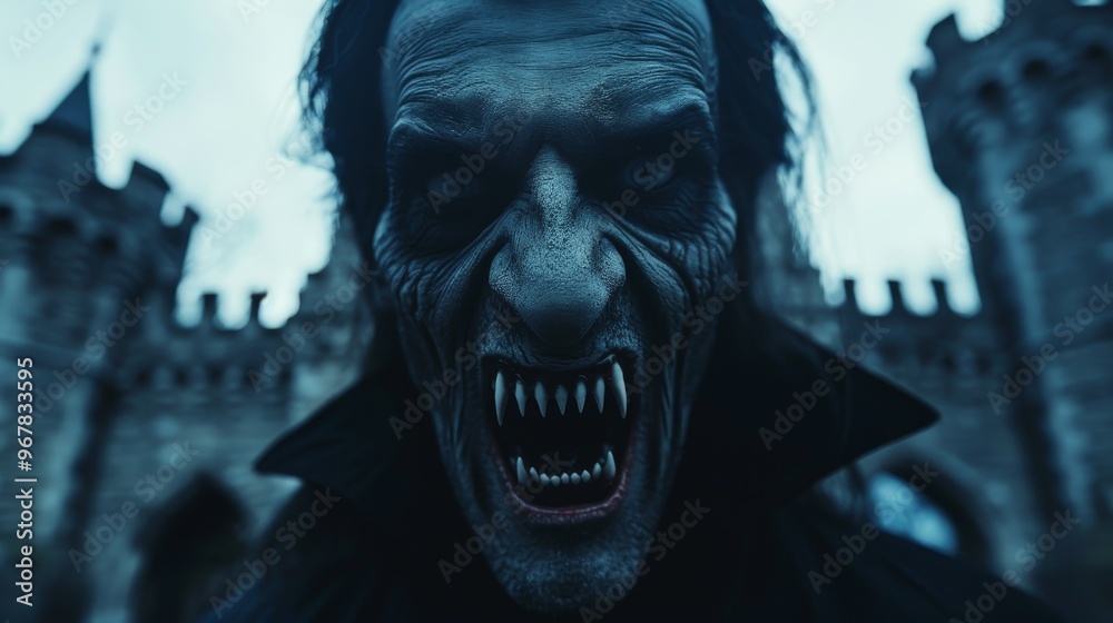 A close-up portrait of a horrifying, fanged creature with a monstrous expression, set against a backdrop of a gothic castle. A close-up portrait of a horrifying, fanged creature with a monstrous expression, set against a backdrop of a gothic castle.