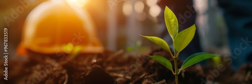 A single green sprout emerges from the dark soil, bathed in warm sunlight.