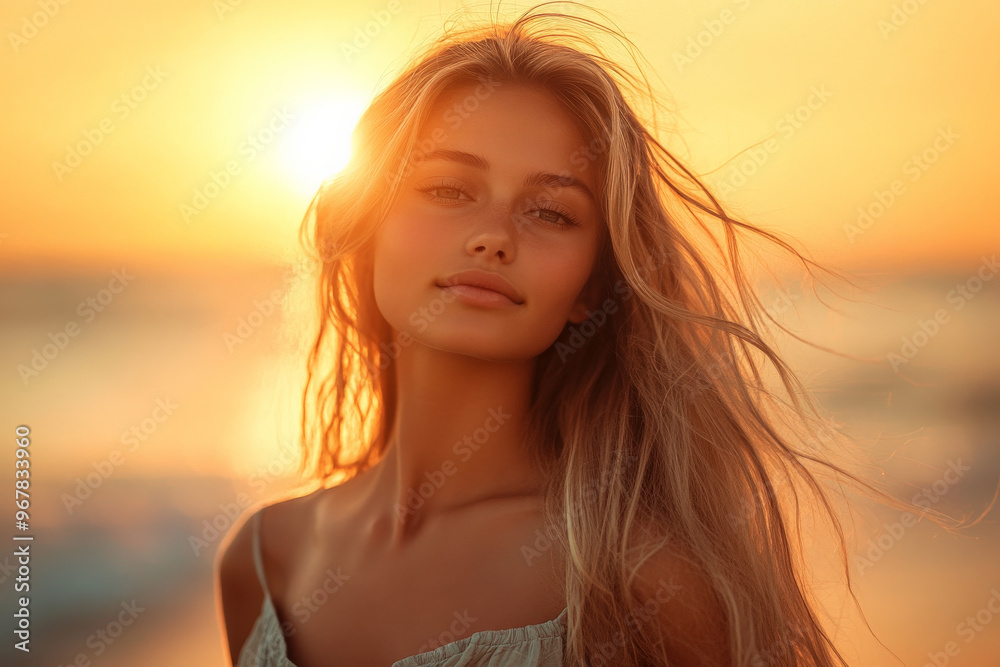 Attractive girl with long blonde hair and sun-kissed skin, wearing a flowy summer dress, posing against a warm orange sunset background, evoking beach vibes. Attractive girl with long blonde hair and sun-kissed skin, wearing a flowy summer dress, posing against a warm orange sunset background, evoking beach vibes.