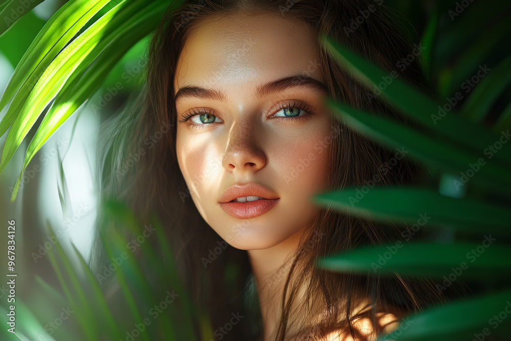 Fototapeta premium Beautiful girl, her face softly illuminated, posing gracefully in front of lush green palm leaves, creating a tropical atmosphere.