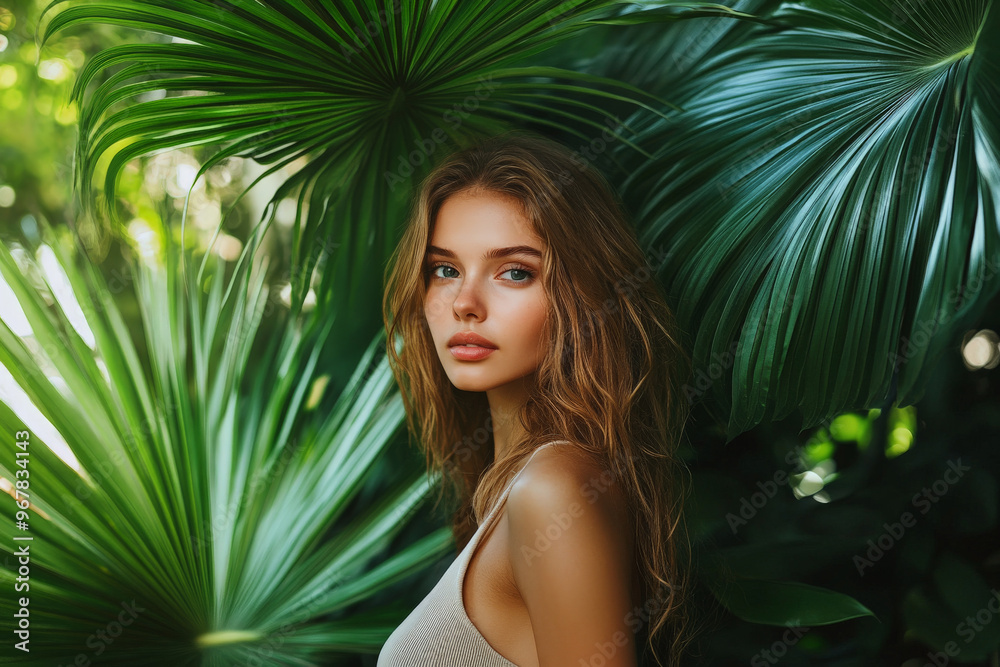 Beautiful girl, standing confidently in front of wide palm leaves, her natural beauty blending with the greenery. Beautiful girl, standing confidently in front of wide palm leaves, her natural beauty blending with the greenery.