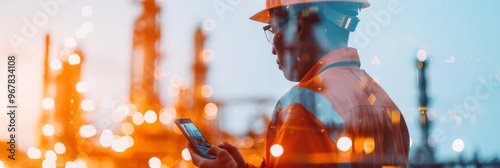 Industrial worker using a smartphone in a factory setting.