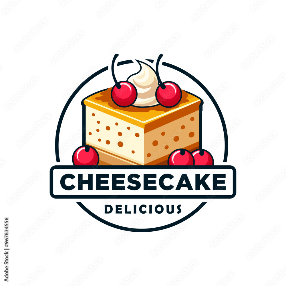 Cheese cake logo vector illustration template with cream and cherries on top