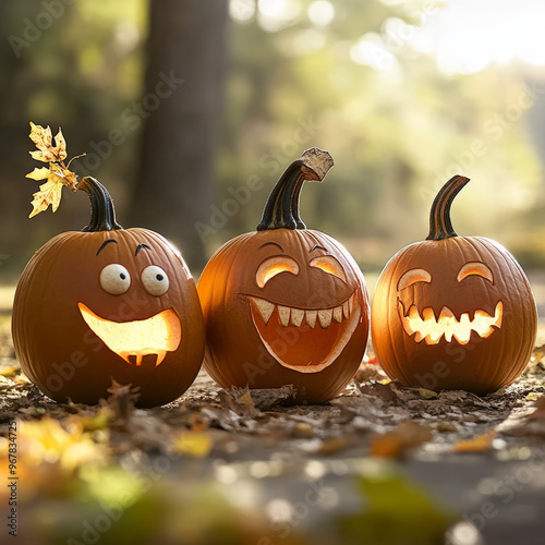 pumpkins with funny facial expressions in forest background photo