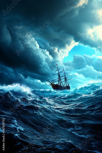 A pirate ship sailing through a stormy sea, with towering waves and dark clouds in the background