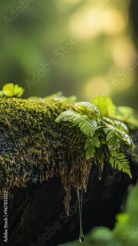 Close-Up of Dripping Moss and Ferns on Ancient Tree Trunks photo