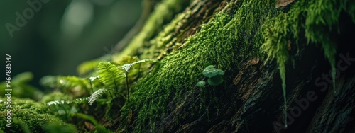 Close-Up of Dripping Moss and Ferns on Ancient Tree Trunks photo