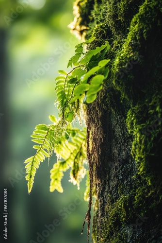 Close-Up of Dripping Moss and Ferns on Ancient Tree Trunks photo