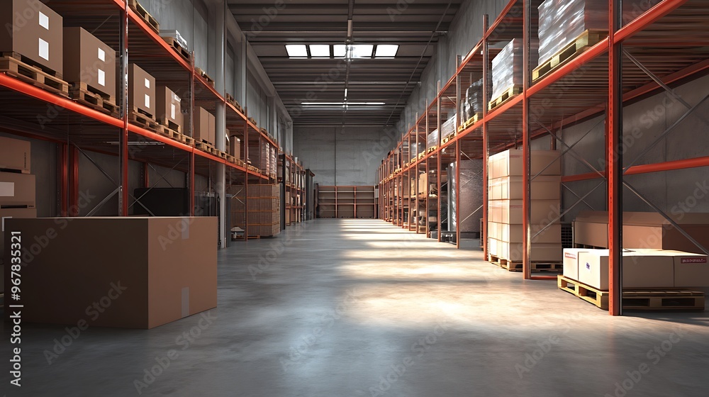 Empty Warehouse Interior with Boxed Products and Skylight Empty Warehouse Interior with Boxed Products and Skylight