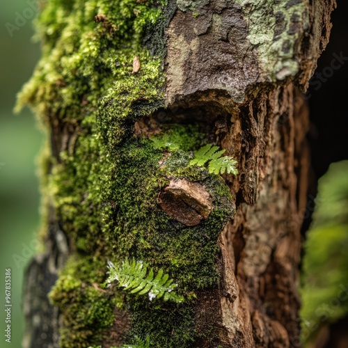 Close-Up of Dripping Moss and Ferns on Ancient Tree Trunks photo