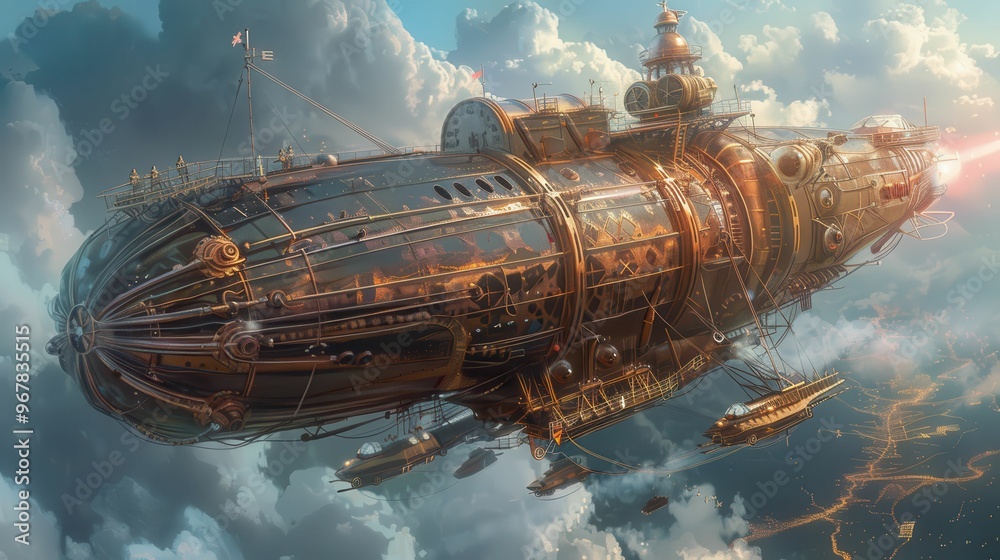 A steampunk airship with intricate gears and brass accents soars through the clouds. A steampunk airship with intricate gears and brass accents soars through the clouds.