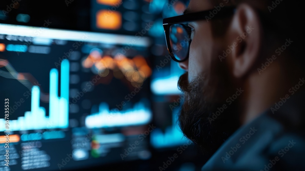 Businessman analyzing financial data on computer screen. Businessman analyzing financial data on computer screen.