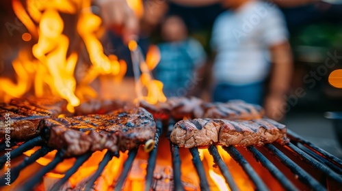 Close-up of juicy steaks grilling over an open flame.