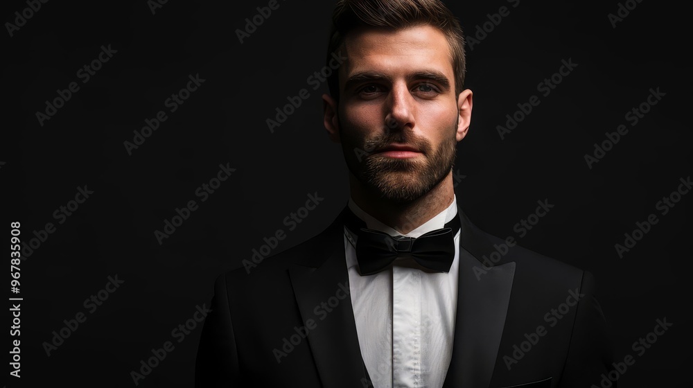 Portrait of a handsome man in a tuxedo, looking directly at the camera. Portrait of a handsome man in a tuxedo, looking directly at the camera.