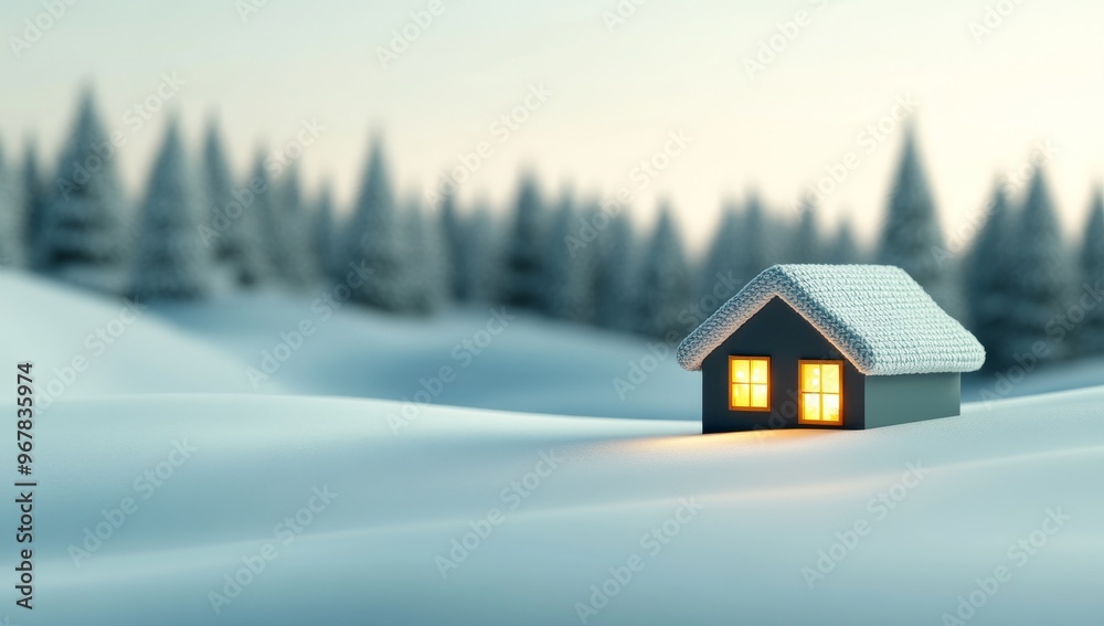 Cozy little snow house nestled in snowy landscape with soft sunlight filtering through trees