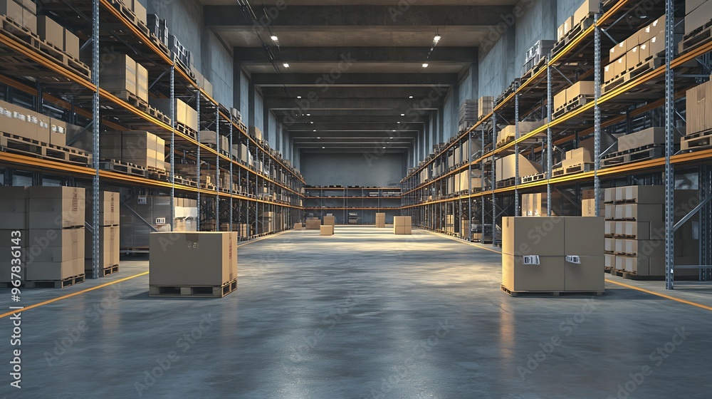 Empty Warehouse Interior with Boxed Products and Skylight Empty Warehouse Interior with Boxed Products and Skylight