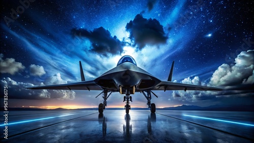 Low-angle nighttime silhouette of a sleek, high-tech, wing-shaped military aircraft with retractable landing gear, photo