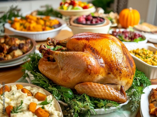 Delicious Thanksgiving Feast with Traditional Turkey and Holiday food item