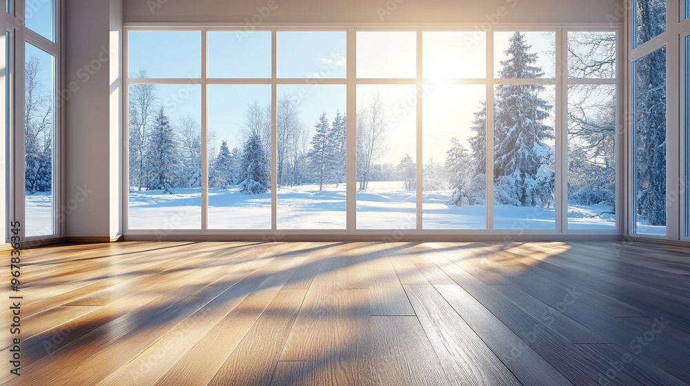 An empty living room with a beautiful wooden floor and large window with a winter landscape view An empty living room with a beautiful wooden floor and large window with a winter landscape view