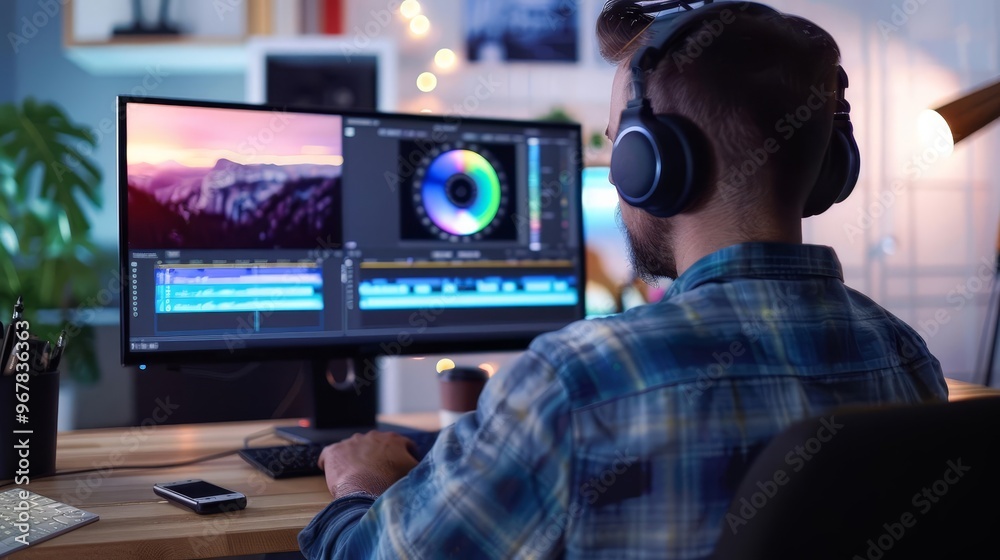 Man editing video on computer with headphones at home office. Man editing video on computer with headphones at home office.
