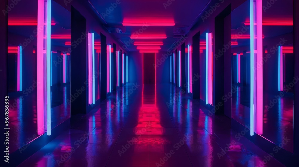 Fototapeta premium Neon lights illuminate a long, reflective corridor, creating a mesmerizing and futuristic atmosphere.