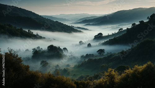 A serene morning landscape enveloped in fog, featuring rolling hills and lush trees, creating a tranquil atmosphere