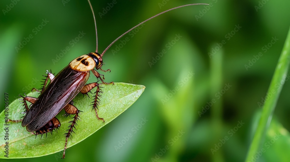 Fototapeta premium Cockroach on a Green Leaf