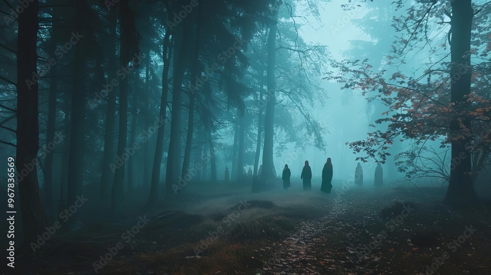 Fototapeta premium Ghostly figures and witches in a misty forest, creating a spooky and mystical Halloween scene perfect for capturing the holiday spirit