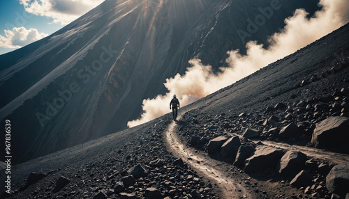 Obraz na płótnie Volcano Mysteries in Cloudy Summer: The Trailblazer's Sojourn Engulfed in Landslide w salonie