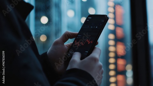 Man's hand holding a mobile phone looking at stock charts, distant view, feeling of the future