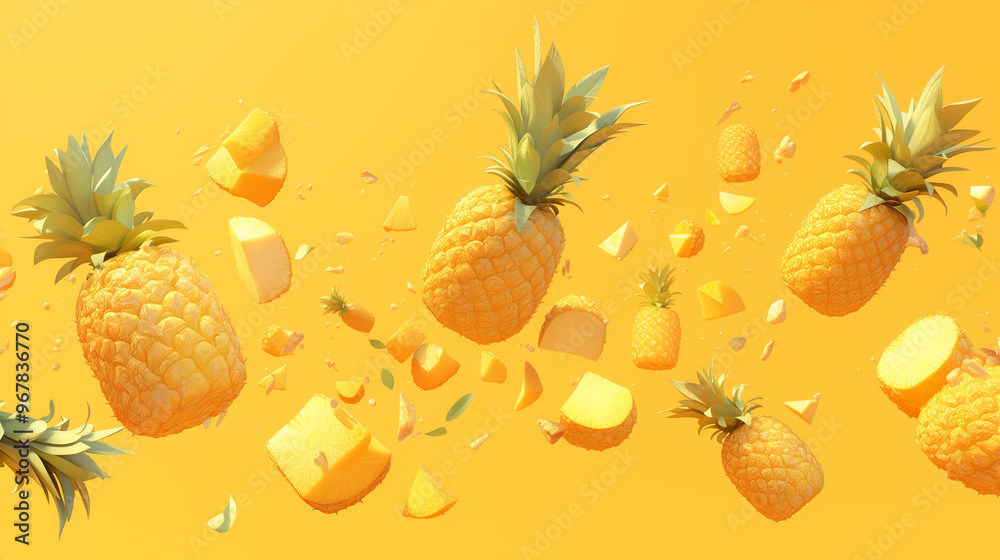 Pineapples falling in motion on yellow background. Close-up of many pineapples falling in motion. AI generative
Pineapples falling in motion on yellow background. Close-up of many pineapples falling in motion. AI generative