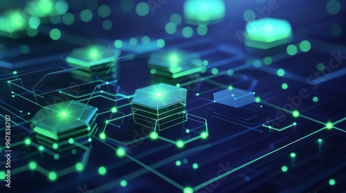 Abstract digital network with glowing green nodes and circuit board background.