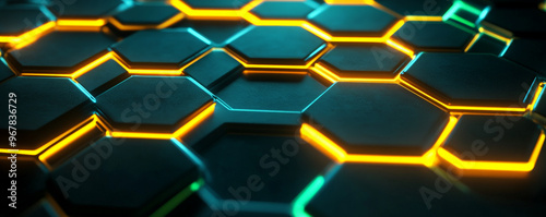 High-contrast neon hexagons, with vivid yellow and green glowing edges, floating above a soft, velvety black texture. The lighting creates deep shadows and sharp highlights. photo