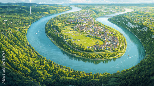 Illustration of the Rhine River in Germany on a beautiful sunny day