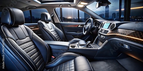 Luxurious black leather car seats with silver stitching, ambient lighting, and sleek dashboard design create a photo